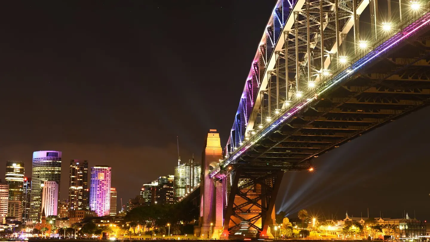 Illuminated city at night.