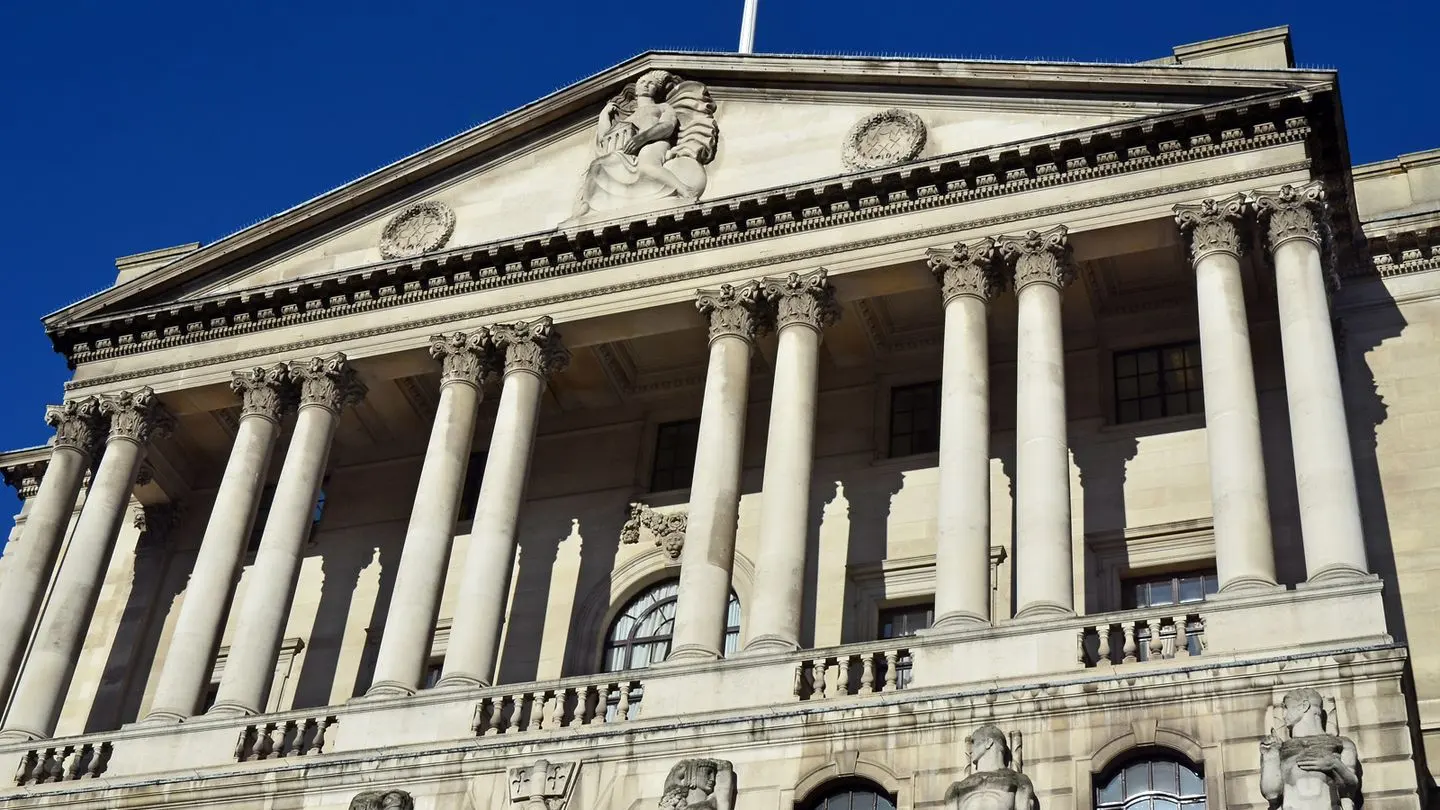 The columned facade of the Bank of England on Threadneedle Street, London