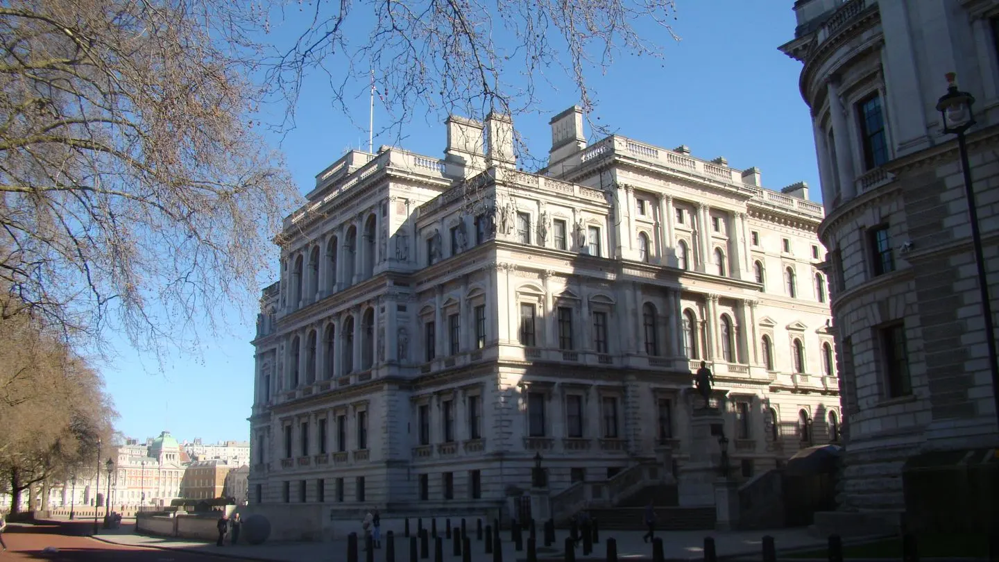 The HM Treasury building in London seen from Horse Guards Road