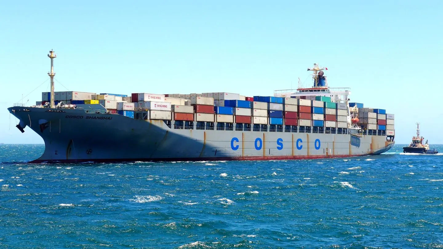 The container ship COSCO Shanghai loaded with containers near Fremantle