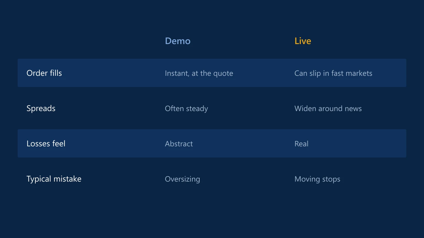 Comparison of demo and live trading on order fills, spreads, how losses feel and typical mistakes