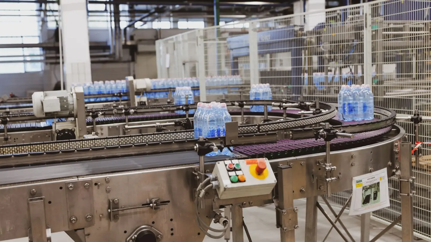 Bottles of water in factory.