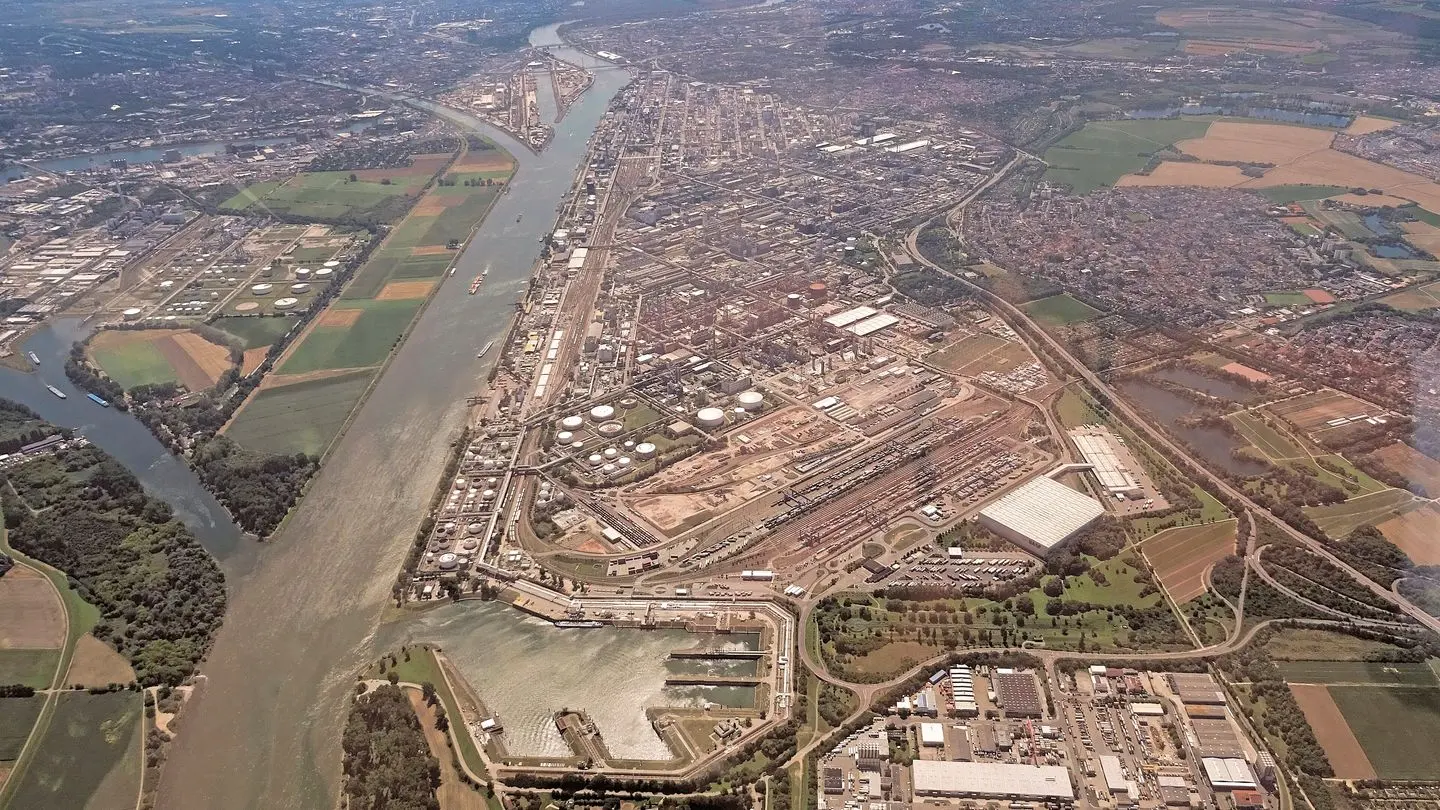 An aerial view of the BASF chemical plant in Ludwigshafen, Germany