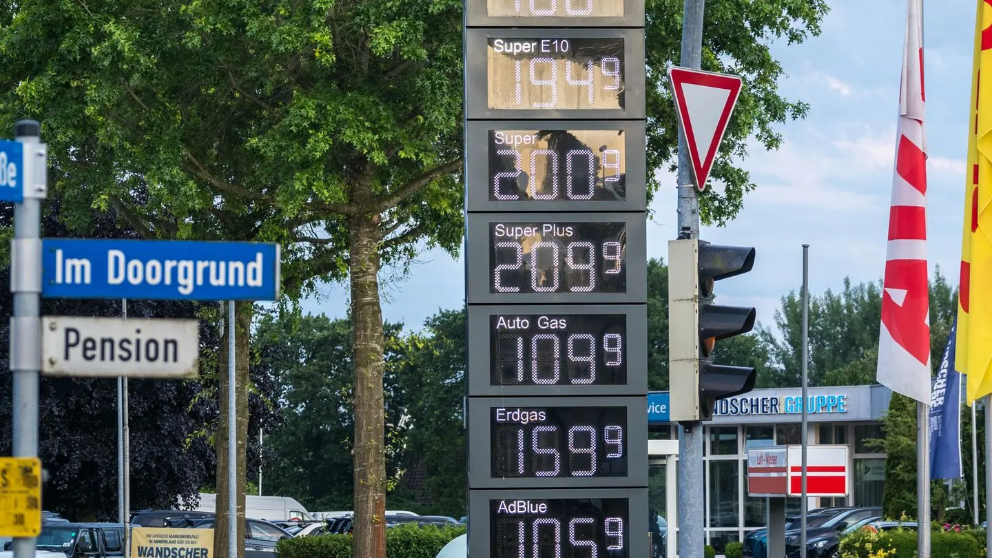 A fuel price board at a petrol station in Bad Zwischenahn, Germany