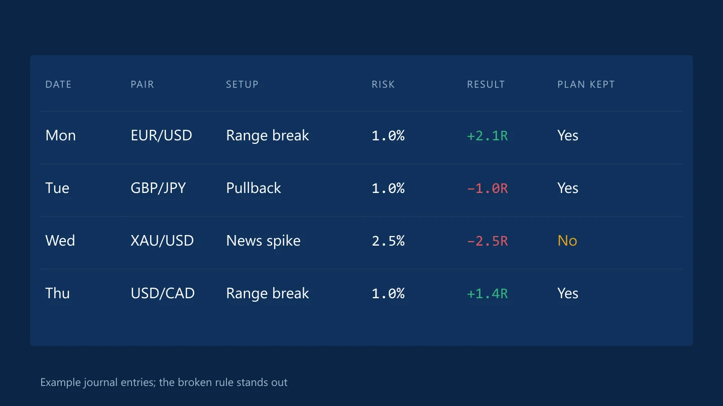Example trading journal with setup, risk, result and whether the plan was followed