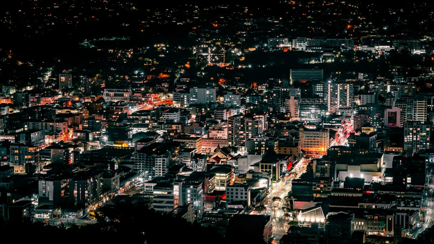 Aerial footage of city buildings.