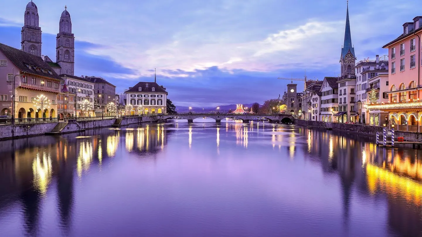 The river Limmat and the old town of Zurich at dawn