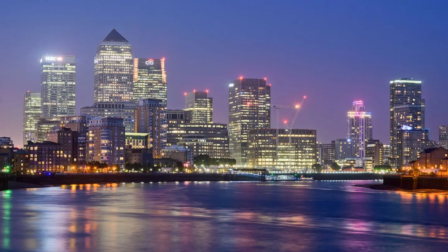 The office towers of Canary Wharf in London seen from Limehouse