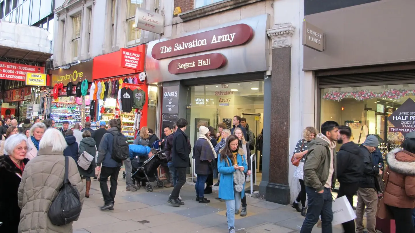 Shoppers on Oxford Street in London outside Regent Hall
